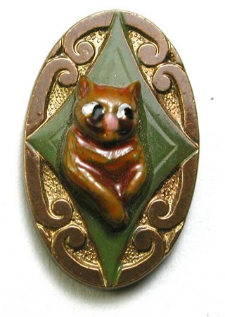 Bb Brass Cat Face Button W/ Hand Painted Enamel Accents - 3/4 "