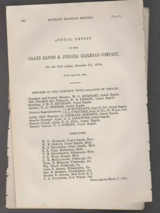 1884 Michigan Annual Rr Report Grand Rapids & Indiana Railroad Vintage Train