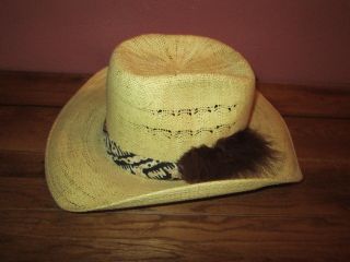 Vintage Stevens Western Cowboy Hat Size 7 1/4 Straw With Feather