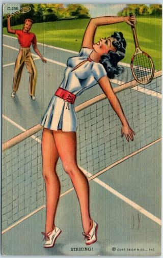 1943 " Curteich Streamline Sports " Linen Postcard Tennis Girl Striking Ob - H1420