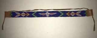 Vintage Native American Beaded Indian Headband,  Leather Tie,  Thunderbird 15”