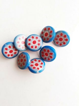 Vintage Small Flower Red White & Blue Shank Buttons Set Of 8 / Vintage Sewing.
