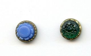 2 Antique Metal Buttons - - Blue And Green Glass Center Design - - 7/16 "
