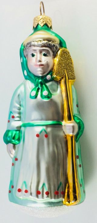 Vintage Blown Glass Christmas Tree Ornament Green Lady With Gold Shovel