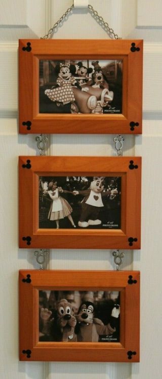 Disney Parks 3 Hanging Linked 4x6 Picture Frames Mickey Mouse Cherry Beveled