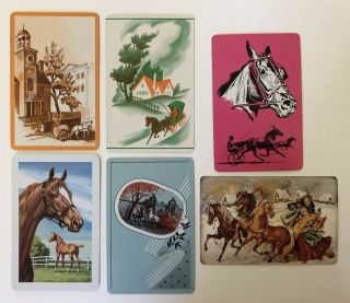 6 Vintage Playing Cards Horses/people/homes/wagons/building All Jokers