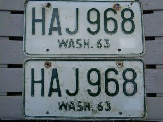 1963 Washington State License Plate Pair Issued In Grays Harbor County.  Haj 968