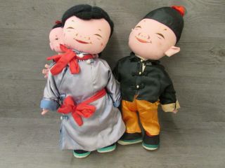 Two Vintage Chinese Cloth Dolls Man In Hat Woman With Baby On Back