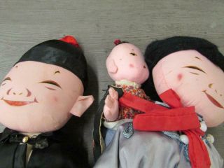 Two Vintage Chinese Cloth Dolls Man in Hat Woman With Baby On Back 5