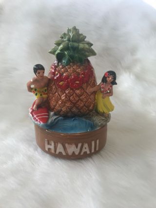Vintage Hawaii Spinning Music Box Plays " Aloha Oe " Sufer Hula Dancer