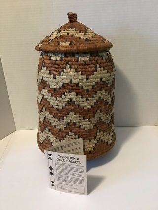Traditional Hand Woven African Zulu Basket With Lid W/ Paperwork