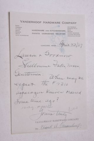 1927 Lamson Goodnow Vanderhoof Hardware Concord Ma Letter Ephemera L942h