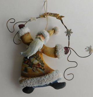 Stuffed Plush Santa Ornament Hand Painted Face & Beard Wire Joy Sign 7 "