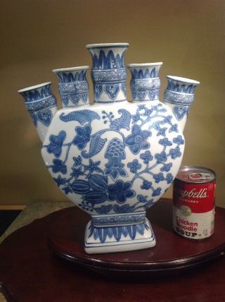 Vtg Rare Asian 5 Finger Porcelain Vase 12 " Tall Handmade White & Blue