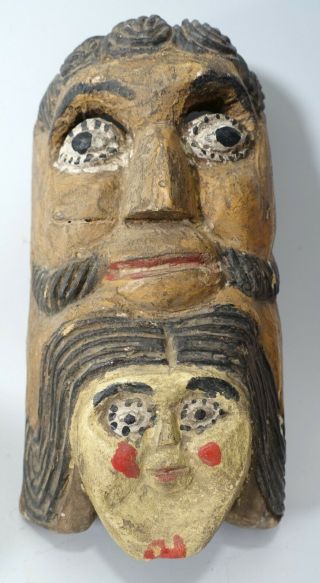 Vintage Antique Guatemalan Carved Wood Male / Female Painted Festival Mask