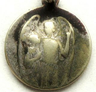 Antique Old Patined Medal Pendant To Saint Joseph & The Holy Guardian Angel