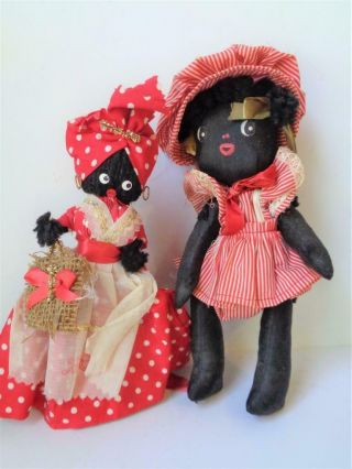 2 Vintage Black Americana Folk Art Dolls Cloth Orleans Souvenir 1940s Yarn