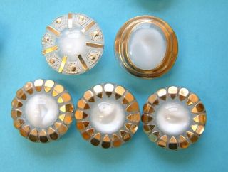 5 X 23mm Vintage White Moonglow Glass Buttons,  Gilt Trims