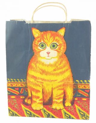 Vintage 1980s Gordon Fraser Paper Gift Bag Raffia Handles Bright Orange Cat