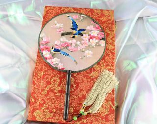 3d Lifelike Birds In Gorgeous Sakura Tree Doubleside Embroidery Silk Hand Fan
