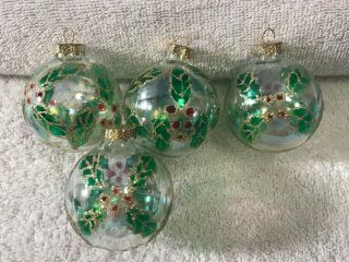Christmas Ornaments Set Of 4 Glass Holly & Berry Gold Glitter Max2134