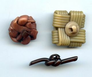 3 vintage EXTRUDED CELLULOID buttons - - SQUARE - - KNOT - - 1 w/PAINT - - 1 1/2 