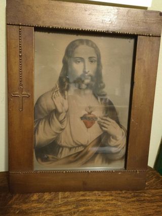 Vintage Old Religious Litho Picture Of Jesus Christ In Gesso Rosary Frame
