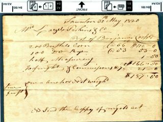 1820 Document Receipt For 200 Bushels Corn,  Rye Etc Lazell Perkins B12 B
