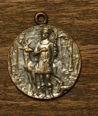 Antique Religious Silvered Medal Pendant Saint Hubert With Dog And Holy Deer