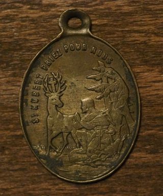 Antique Religious Bronze Medal Pendant Saint Hubert With Dog And Holy Deer