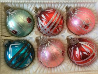 6 Vintage Mercury Glass & Glitter Mica Christmas Ornaments West Germany
