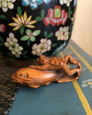Netsuke Kappa On Swimming Fish Boxwood Carving Signed