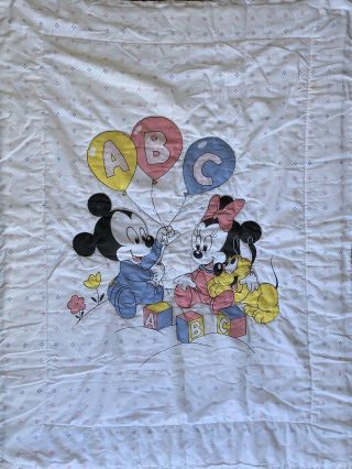 Vtg Dundee Disney Baby Blanket Mickey Minnie Mouse Balloon Abc Block Comforter