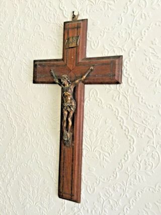 Pretty Vintage - French Gilt Christ Wooden Cross Crucifix Brass Stringing