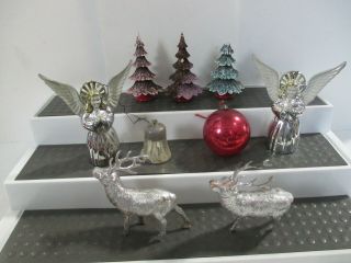 Vintage Hard Plastic Silver Angels Reindeer / Christmas Trees Ornaments