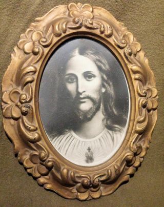 Oval Rococo Frame Print Jesus Christ W/sacred Heart 13.  5 " Vintage 1950 