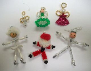 6 Vtg Beaded Hand Made Christmas Ornament Figures Skier Santa Angels