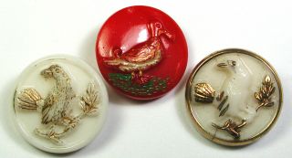 Bb 3 Vintage Glass Buttons Bird Designs W/ Luster Or Paint - 11/16 "