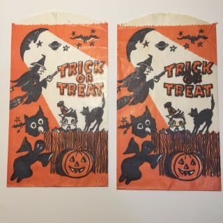 Two Vintage Halloween Trick Or Treat Party Favor Bag Candy Witch Black Cat Bat