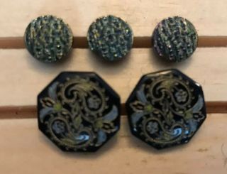 5 Antique Vintage Buttons With Blue Designs; 2 Are Octagonal
