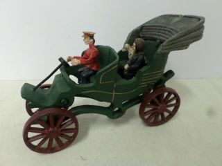 Vintage Toy Cast Iron Two Seat Carriage Automobile Car With Driver Lady And Dog