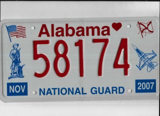Alabama 2007 License Plate " 58174 " National Guard