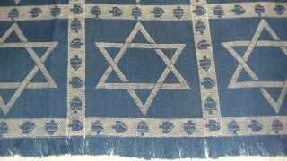 Vintage Jacquard Woven Tablecloth Fringed Blue White Star Of David