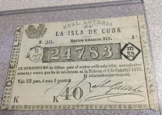 1876 Antique La Isla De Cuba Lottery Ticket.