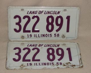 1958 Illinois Auto License Plates Matched Pair