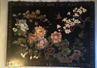 Set Of 4 Vintage Framed Black Lacquer Chinese Oriental Floral Scene Wall Panels
