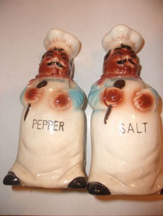Vintage Black Americana Chef Salt & Pepper Set Lg Stove Set 7 " Antique