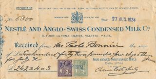 London 1934,  Malta Postage Stamps As Revenues On Bill Of Exchange A943