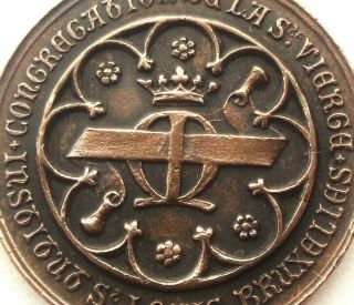 Marian Monogram & Immaculate Virgin Mary - Rare Antique Bronze Art Medal Pendant