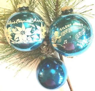 3 Vtg Shiny Brite Blue Ball Ornaments - Merry Christmas/ Silent Night Stencils